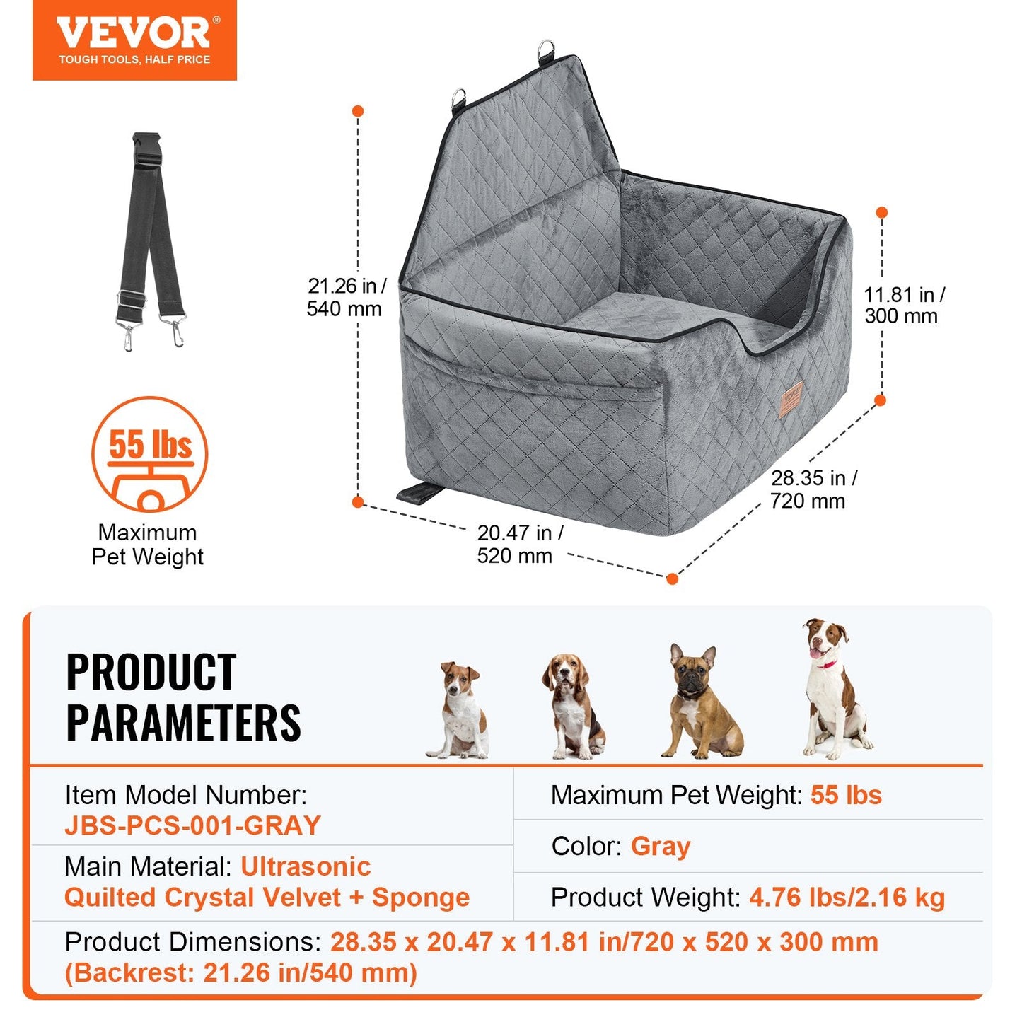 Tailored Travels - Dog Booster Car Seat Pet Car Seat for Medium Large Dog up to 55 Lbs Gray